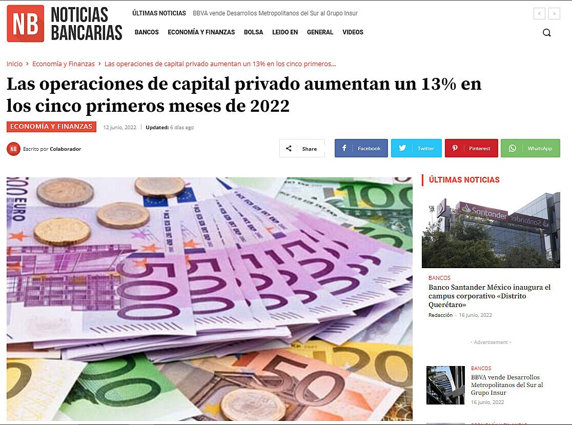 Las operaciones de capital privado aumentan un 13% en los cinco primeros meses de 2022